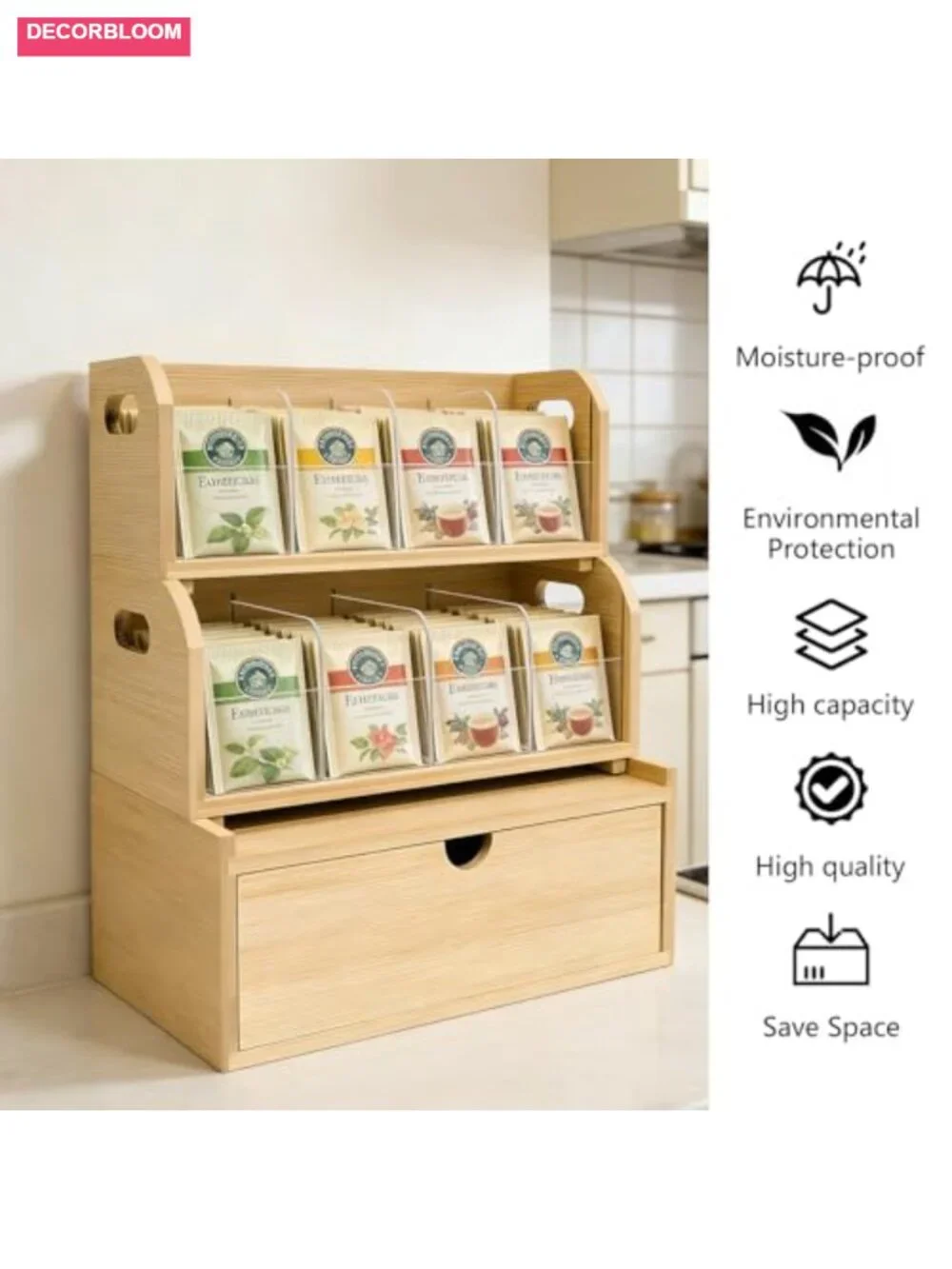 3-Layer Stackable Bamboo Tea Bag Organizer with Drawer, No-Tool Assembly
